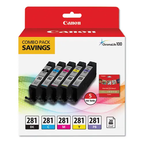 Canon® 2091C006 (CLI-281) ChromaLife100 Ink/Paper Combo, Black/Blue/Cyan/Magenta/Yellow