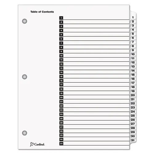 Cardinal® OneStep Printable Table of Contents and Dividers, 31-Tab, 1 to 31, White, White Tabs