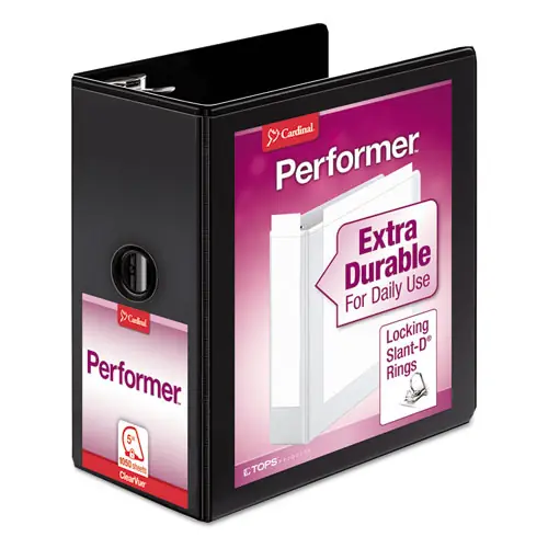 Cardinal® Performer ClearVue Slant-D Ring Binder, 5" Capacity, 3 Rings, 11 x 8.5, Black