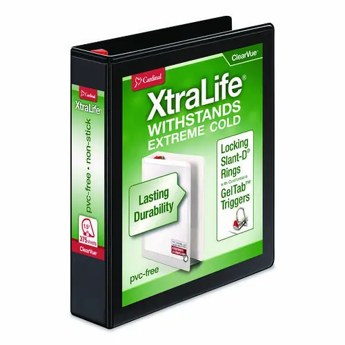 Cardinal® XtraLife ClearVue Non-Stick Slant-D Ring Binder, 3 Rings, 1.5" Capacity, 11 x 8.5, Black