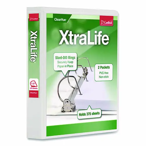 Cardinal® XtraLife ClearVue Non-Stick Slant-D Ring Binder, 3 Rings, 1.5" Capacity, 11 x 8.5, White