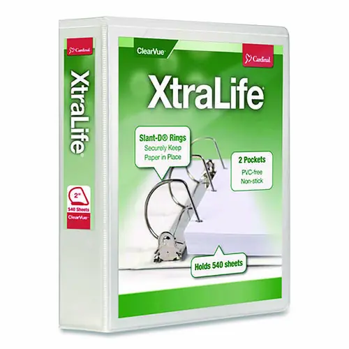 Cardinal® XtraLife ClearVue Non-Stick Slant-D Ring Binder, 3 Rings, 2" Capacity, 11 x 8.5, White