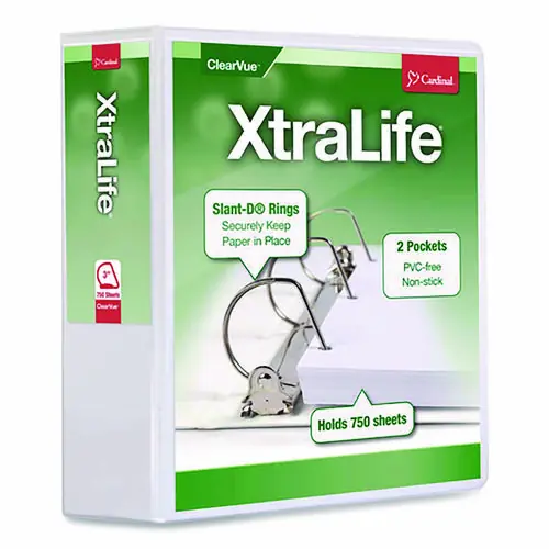 Cardinal® XtraLife ClearVue Non-Stick Slant-D Ring Binder, 3" Capacity, White, 3 Rings, 11 x 8.5