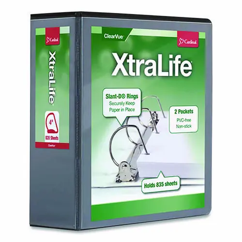 Cardinal® XtraLife ClearVue Non-Stick Slant-D Ring Binder, 4" Capacity, 3 Rings, Black, 11 x 8.5