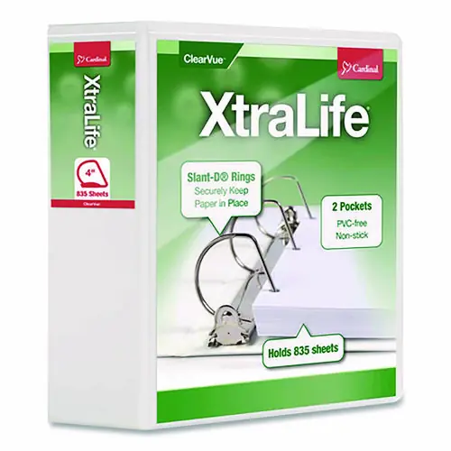 Cardinal® XtraLife ClearVue Non-Stick Slant-D Ring Binder, 4" Capacity, White, 11 x 8.5, 3 Rings