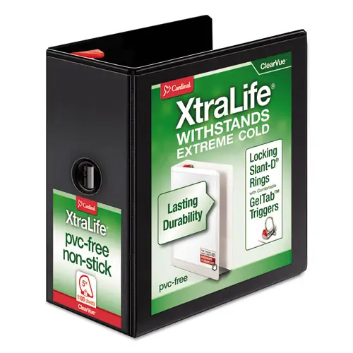 Cardinal® XtraLife ClearVue Non-Stick Slant-D Ring Binder, 3 Rings, 5" Capacity, Black