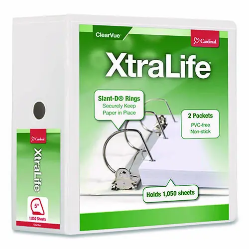 Cardinal® XtraLife ClearVue Non-Stick Slant-D Ring Binder, 3 Rings, 5" Capacity, 11 x 8.5, White
