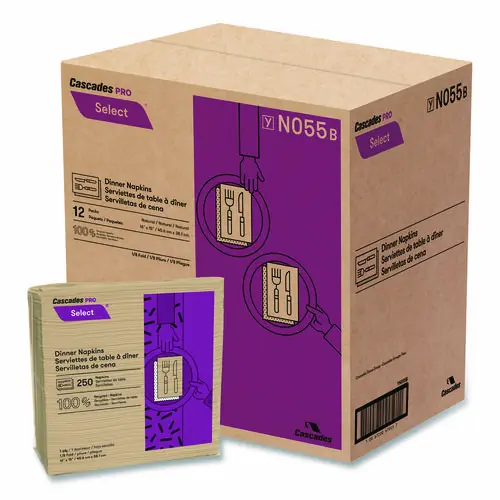 Cascades PRO Select Dinner Napkins, 1-Ply, Natural, 250/Pack, 12 Packs/Carton