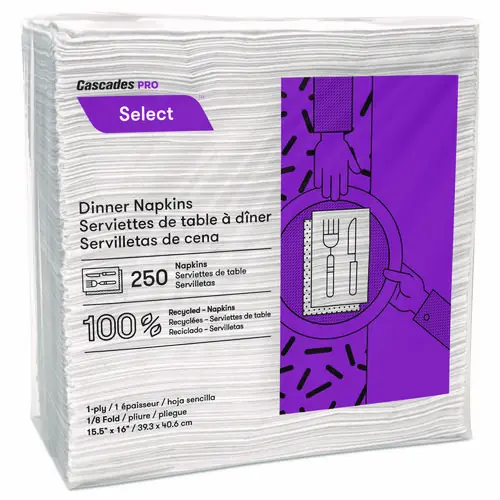 Cascades PRO Select Dinner Napkins, 1-Ply, White, 15.5 x 16, 250/Pack, 12/Carton