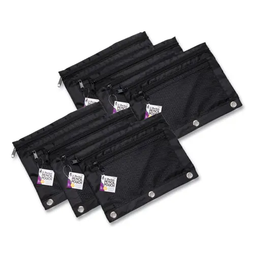 Charles Leonard® Two-Pocket Binder-Insertable Pencil Pouch with Mesh Front, Black, 6/Pack