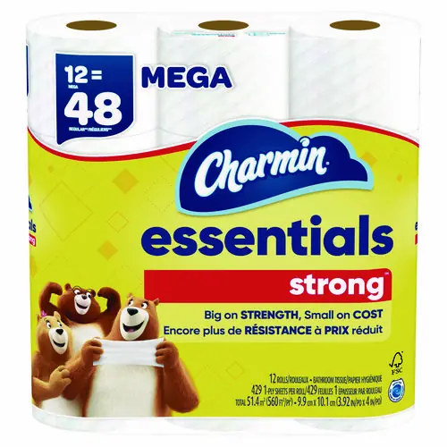 Charmin® Essentials Strong Bathroom Tissue, Septic Safe, 1-Ply, White, 429 Sheets per Roll, 12 Rolls per Pack, 4 Packs per Carton