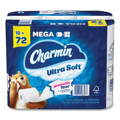 Charmin® Ultra Soft Bathroom Tissue, Mega Roll, Septic Safe, 2-Ply, White, 224 Sheets per Roll, 18 Rolls per Carton