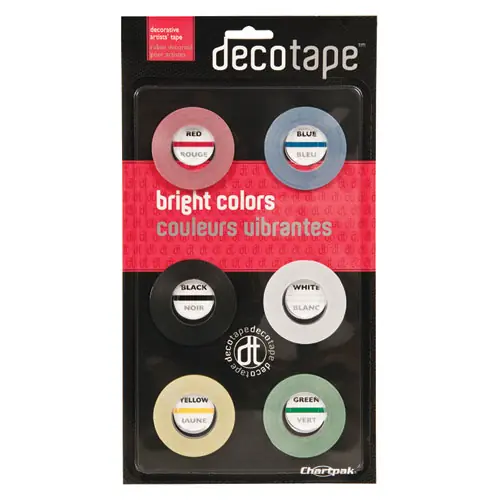 Chartpak® Deco Bright Decorative Tape, 1" Core, 0.13" x 27 ft, Assorted Colors, 6/Box
