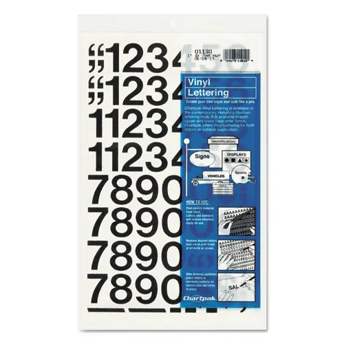 Chartpak® Press-On Vinyl Self-Adhesive Numbers, 1" Tall, Black Characters, 44/Pack