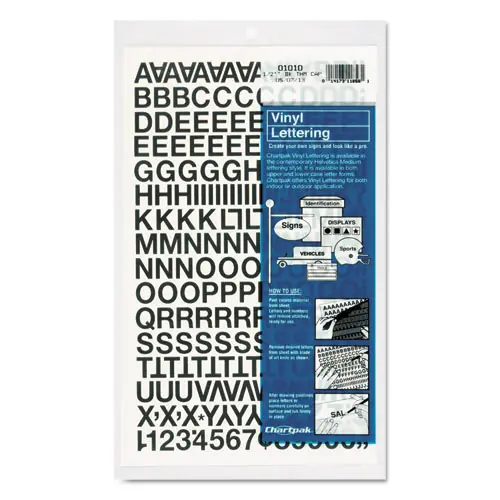 Chartpak® Press-On Vinyl Self-Adhesive Numbers and Uppercase Letters, 0.5" Tall, Black Characters, 201/Pack