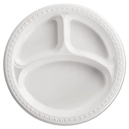 Chinet® Heavyweight Plastic 3-Compartment Plates, 10.25" diameter, White, 125/Pack, 4 Packs/Carton