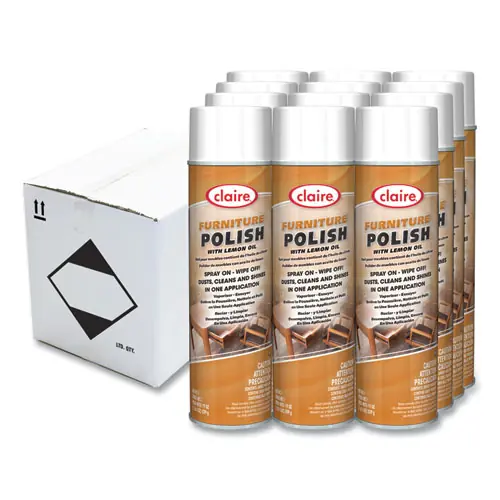 Claire® Furniture Polish with Lemon Oil, Lemon Scent, 19 oz Aerosol Spray, 12/Carton
