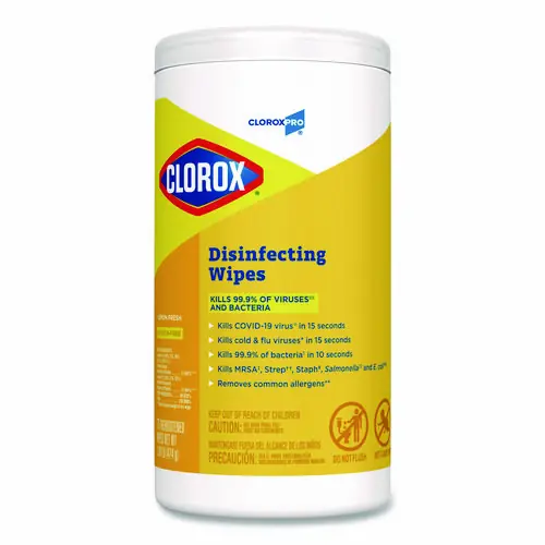 Clorox® Disinfecting Wipes, Lemon Fresh, 75/Canister, 7" x 8", White, 1-Ply
