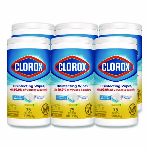 Clorox® Disinfecting Wipes, Bleach Free, 75 Wipes/Canister, 6 Canisters/Carton, Crisp Lemon Scent, 1-Ply, 7" x 7.75"