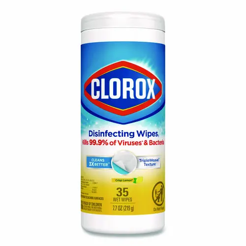 Clorox® Disinfecting Wipes, Bleach Free, Crisp Lemon, 35 Wipes/Canister, 7" x 8"