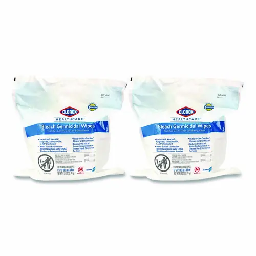 Clorox Healthcare® Bleach Germicidal Wipes, Unscented, White, 12" x 12", 110 Wipes/Refill, 2 Refills/Carton