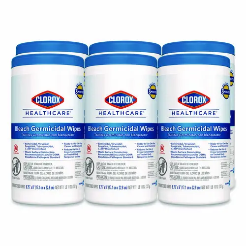 Clorox Healthcare® Bleach Germicidal Wipes, 70 Wipes/Canister, 6 Canisters/Carton, Unscented, 6.75" x 9"
