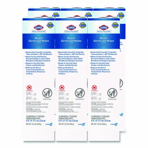 Clorox Healthcare® Bleach Germicidal Wipes, Unscented, White, 50 Individually Wrapped Wipes/Box, 6 Boxes/Carton