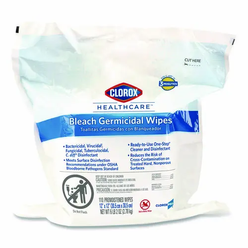 Clorox Healthcare® Bleach Germicidal Wipes Refill, 12 x 12, Unscented, White, 110 Wipes per Pouch