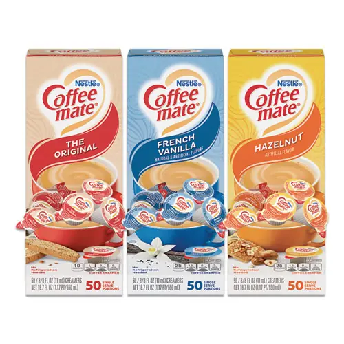 Coffee mate® Liquid Coffee Creamer, Assorted Flavors, 0.38 oz Mini Cups, 150/Carton