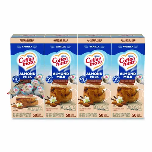 Coffee mate® Plant-Based Almond Milk Non-Dairy Liquid Creamer Singles, Natural Vanilla, 200 Mini Cups, 0.38 oz Each