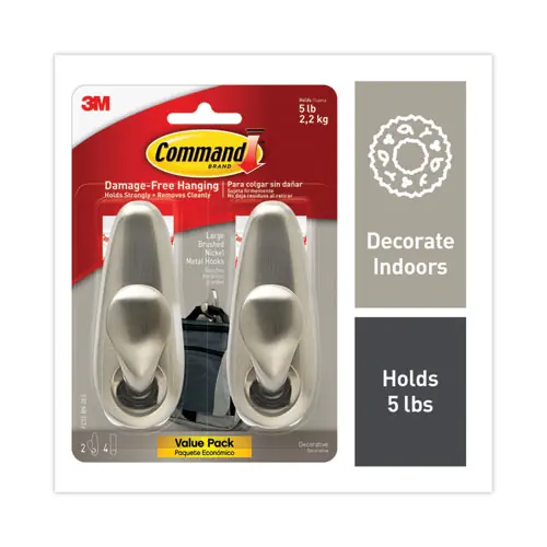 Command™ Adhesive Mount Metal Hook, Large, Brushed Nickel Finish, 5 lb Capacity, 2 Hooks and 4 Strips/Pack