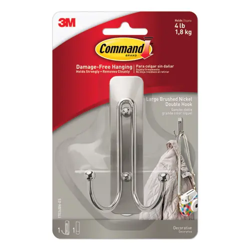 Command™ Adhesive Mount Metal Hook, Large, Double Hook, Brushed Nickel Finish