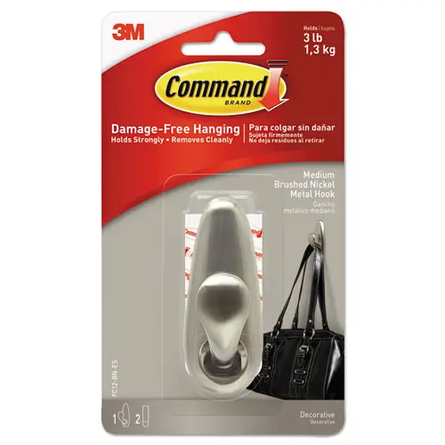 Command™ Adhesive Mount Metal Hook, Medium, Brushed Nickel Finish, 3 lb Capacity, 1 Hook and 2 Strips