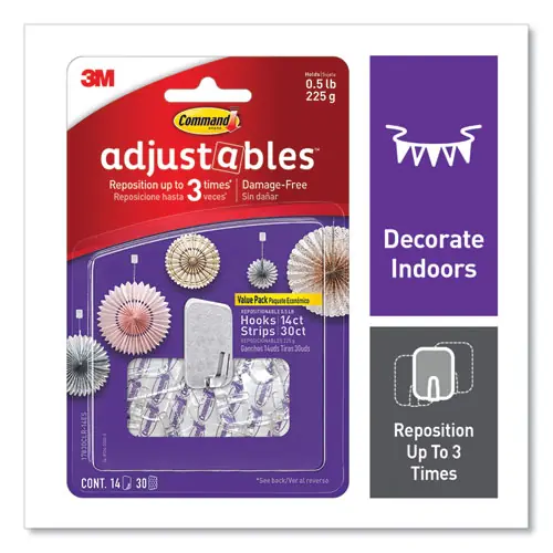 Command™ Adjustables Repositionable Mini Hooks, Plastic, White, 0.5 lb Capacity, 14 Hooks and 30 Strips