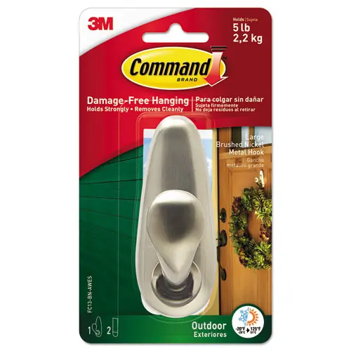 Command™ All Weather Hooks and Strips, Large, Metal, Brushed Nickel, 5 lb Capacity