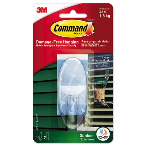 Command™ All Weather Hooks and Strips, Large, Plastic, Clear, 4 lb Capacity, 1 Hook and 2 Strips/Pack