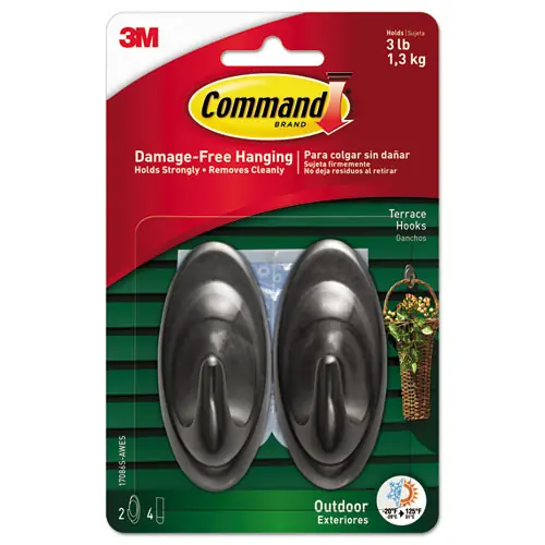 Command™ All Weather Hooks and Strips, Medium, Plastic, Slate, 3 lb Capacity, 2 Hooks and 4 Strips/Pack