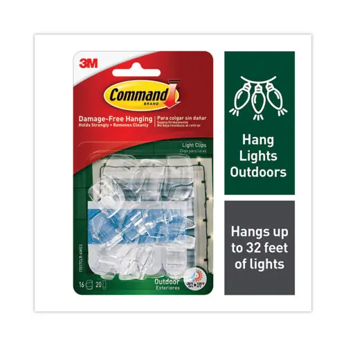 Command™ All Weather Hooks and Strips, Small, Plastic, Clear, 16 Clips and 20 Strips/Pack