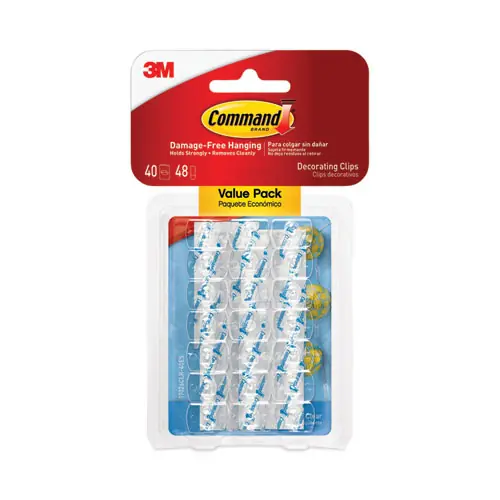 Command™ Clear Hooks and Strips, Decorating Clips, Plastic, 0.15 lb Capacity, 40 Clips and 48 Strips/Pack