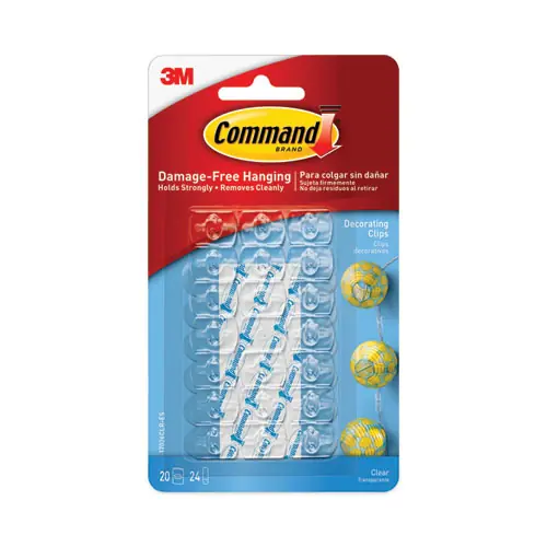 Command™ Clear Hooks and Strips, Decorating Clips, Plastic, 0.1 lb Capacity, 20 Clips and 24 Strips/Pack
