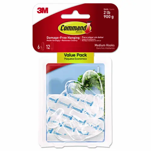Command™ Clear Hooks and Strips, Medium, Plastic, 2 lb Capacity, 6 Hooks and 12 Strips/Pack
