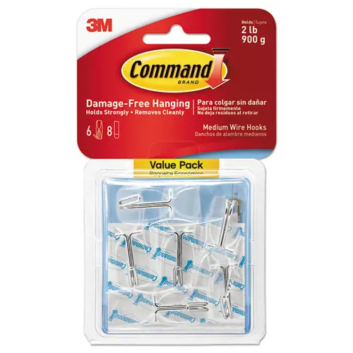 Command™ Clear Hooks and Strips, Medium, Plastic, 2 lb Capacity, 6 Hooks and 8 Strips/Pack