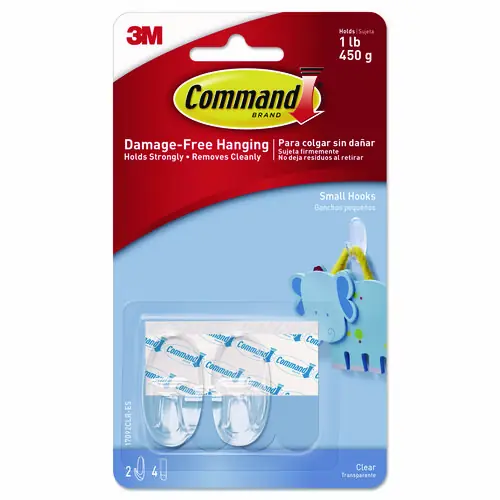 Command™ Clear Hooks and Strips, Small, Plastic, 1 lb Capacity, 2 Hooks and 4 Strips/Pack