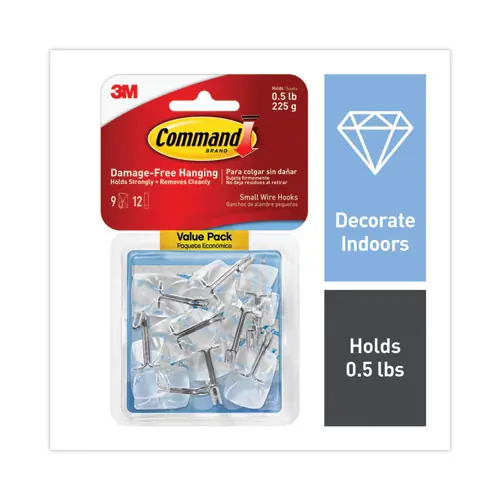 Command™ Clear Hooks and Strips, Small, Plastic/Metal, 9 Hooks and 12 Strips/Pack