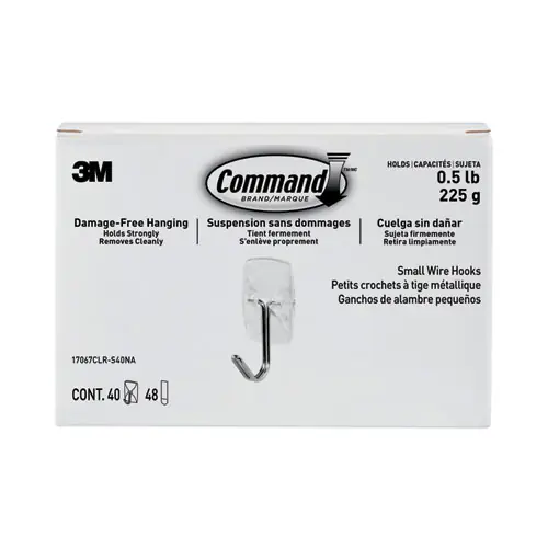 Command™ Clear Hooks and Strips, Small, Plastic/Metal, 0.5 lb Capacity, 40 Hooks and 48 Strips/Pack