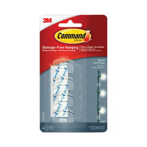 Command™ Cord Clip, Round, with Adhesive, Clear, 4/Pack