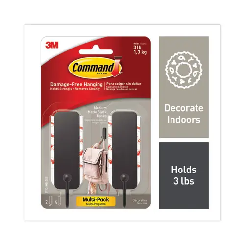 Command™ Decorative Hooks, Medium, Plastic, Matte Black, 3 lb Capacity, 2 Hooks and 4 Strips/Pack