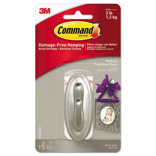 Command™ Decorative Hooks, Traditional, Medium, Plastic, Brushed Nickel, 3 lb Capacity
