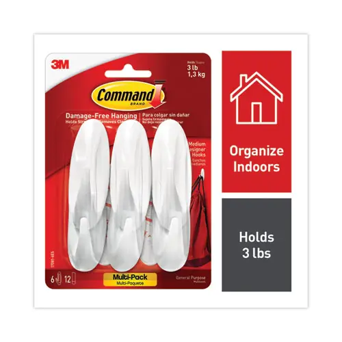 Command™ Designer Hooks, Medium, Plastic, White, 3 lb Capacity, 6 Hooks and 12 Strips/Pack