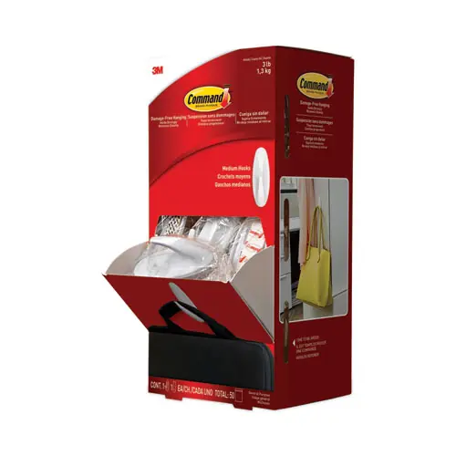 Command™ General Purpose Designer Hooks, Medium, Plastic, White, 3 lb Capacity, 50 Hooks and 50 Strips/Carton